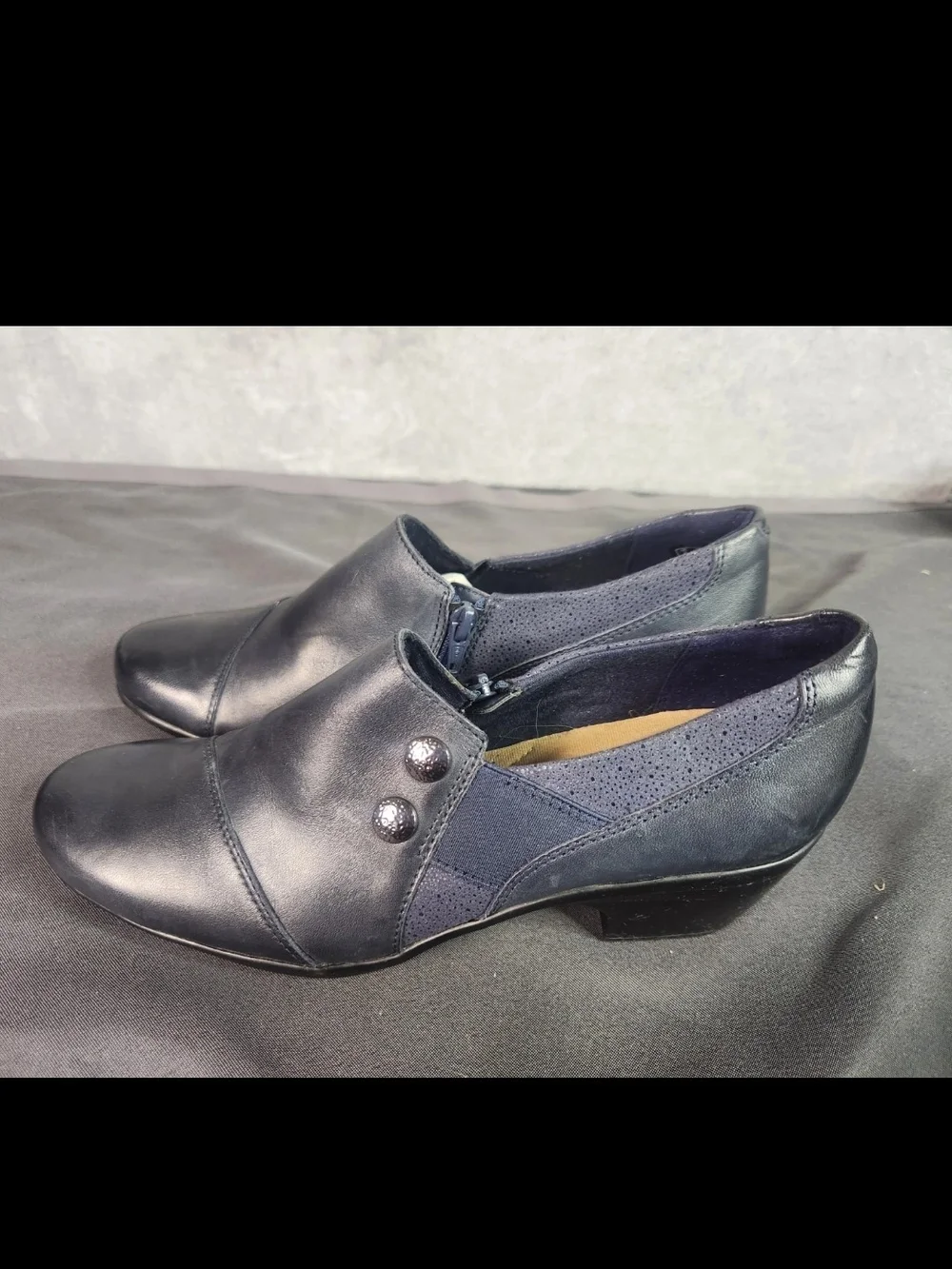 Clarks Navy Leather Low Heel Slip-On Booties